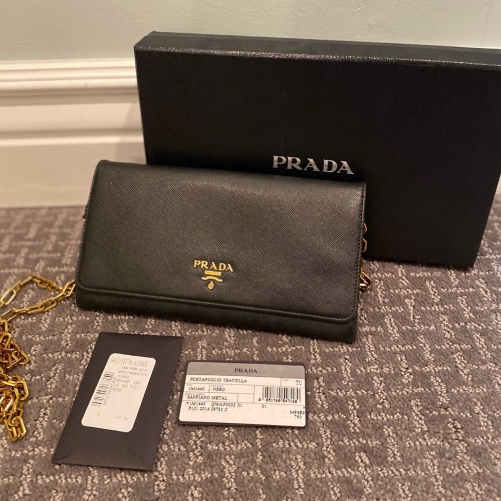 Prada Black Saffiano letter Wallet on the chain WOC with Gold Accents